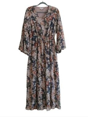SWEETSALT Balloon Sleeve Floral Maxi Dress Women's M Gathered Waist Modest
